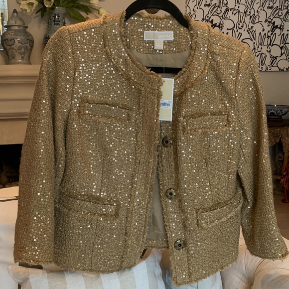 NWT Michael Kors Sequin Gold Tan Camel Fringe Trim Chic Jacket Size 4 MSRP $198 - Picture 12 of 12